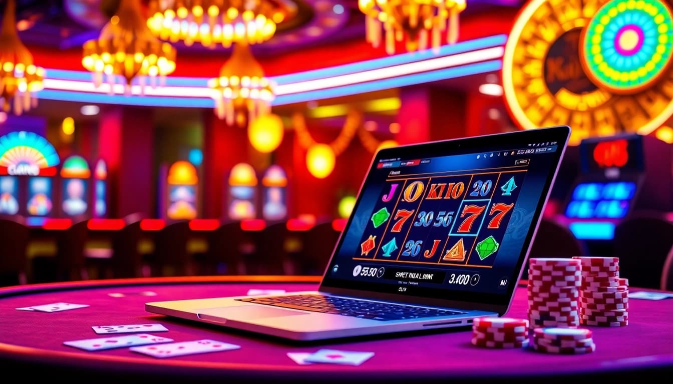 Spin the reels for wins with slot online in a lively casino scene featuring a laptop and vibrant decor.