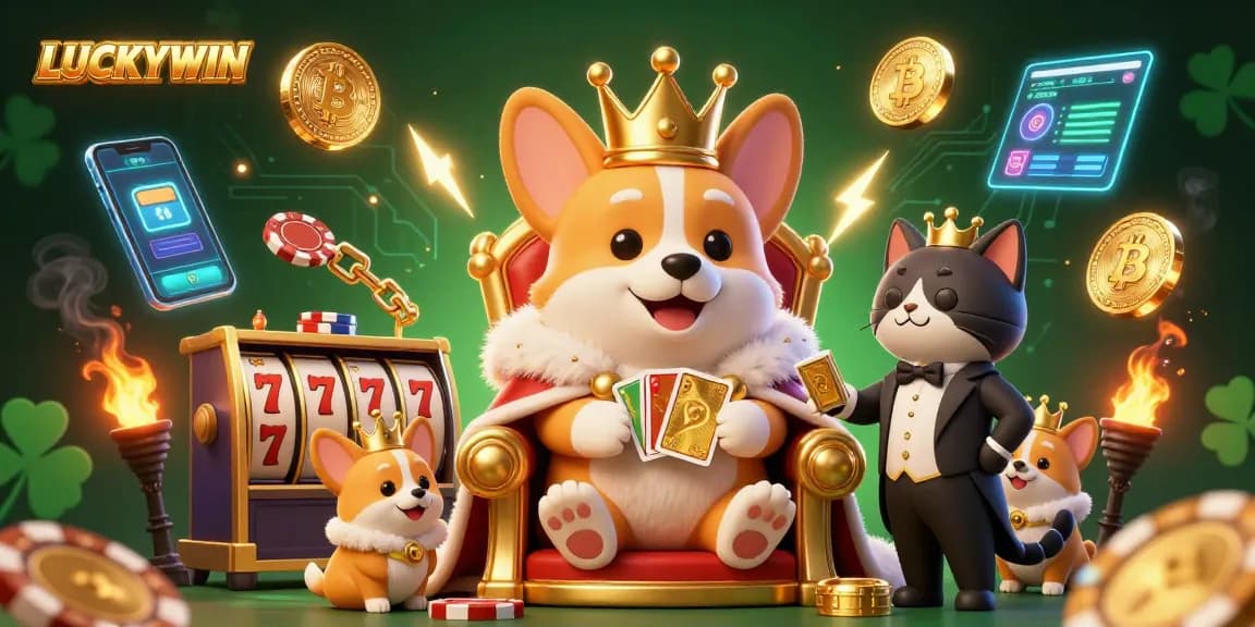 Spin the reels at LUCKYWIN with a festive illustration of a royal corgi and golden tokens amidst captivating casino elements.