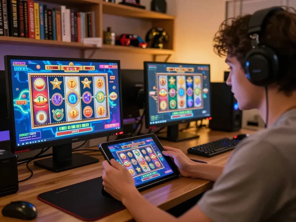 Player enjoying slot gacor hari ini on a tablet in a cozy home gaming setup