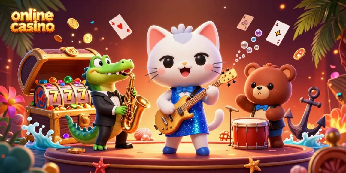 Experience excitement at an online casino with 3D cartoon characters enjoying vibrant slots and games.