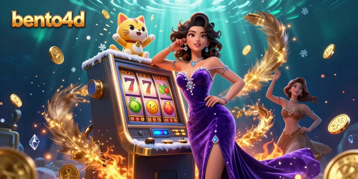 Bento4d menampilkan adegan jackpot glamor dengan seorang wanita menakjubkan dan kucing keberuntungan kartun merayakan kemenangan.
