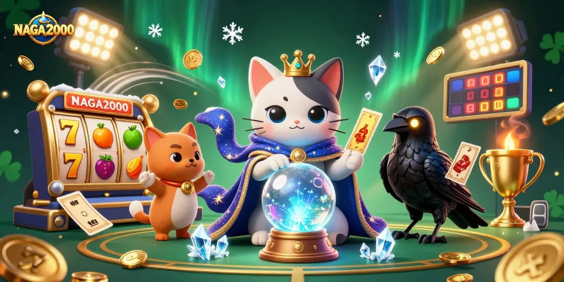 Permainan slot NAGA2000 yang berwarna-warni ditampilkan dengan peramal kucing mistis, elemen aksi dinamis, dan koin emas.