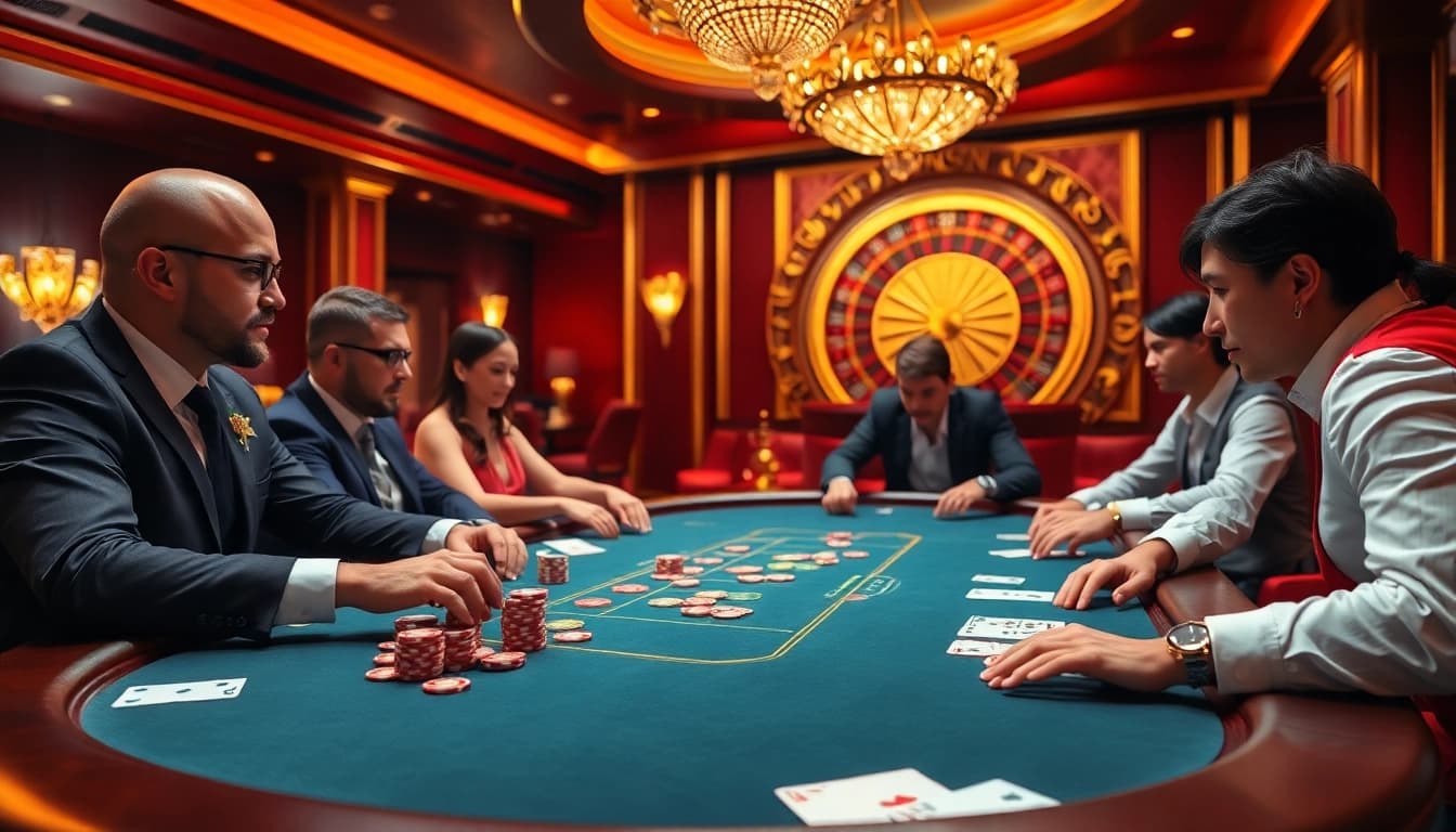 Intense poker game at 68VIP casino with luxurious chips and cards in a vibrant setting.