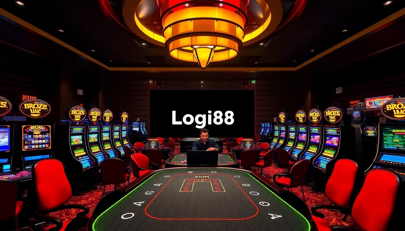 Engage with exciting Bro138 login at a luxurious casino table with vibrant slot machines.