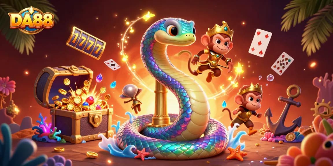 Engage with DA88 in an animated casino world full of lively slot reels, treasures, and vibrant characters.