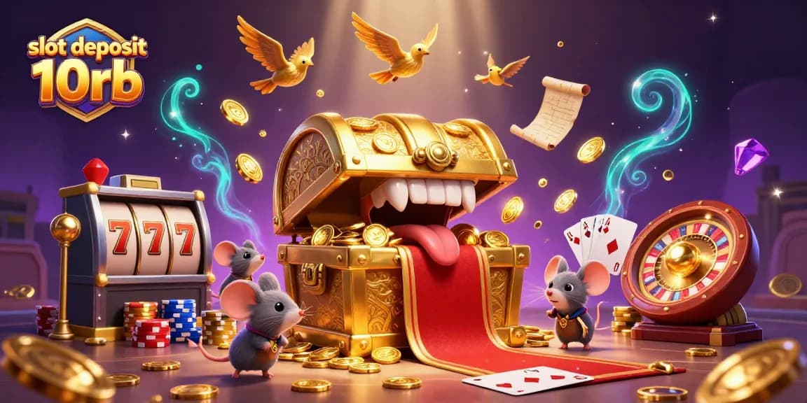 Experience excitement with slot deposit 10rb in this vibrant casino scene filled with coins and treasures.