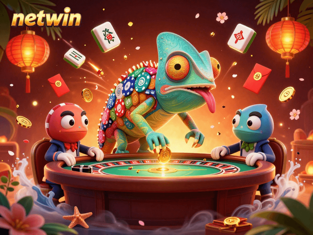 Experience the vibrant online casino atmosphere with netwin's colorful chameleon casino owner, surrounded by dynamic gaming elements.