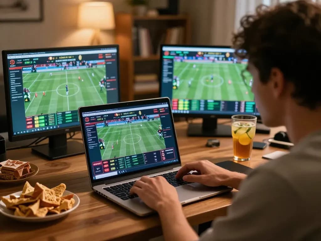 Engaging in online sports betting at https://cstd88.com/ with multiple live events displayed on screens.