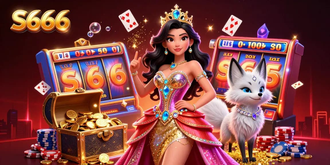 S666 enhances the thrill with a stunning casino scene featuring dynamic slot reels, golden coins, and vibrant characters.