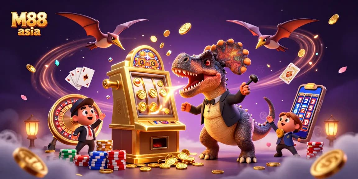 M88 asia captures the excitement of a jackpot scene with playful dinosaurs and vibrant casino elements.