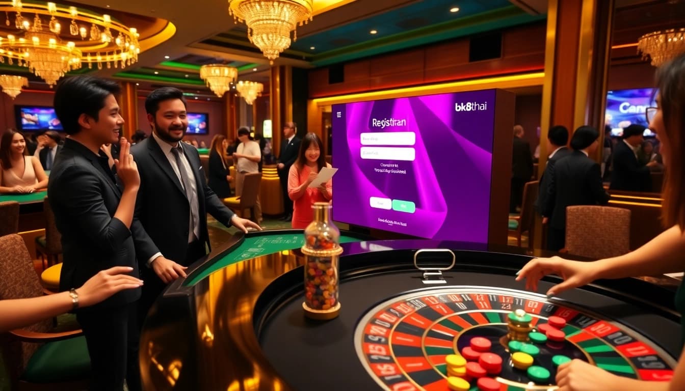 Experience immersive gaming thrills at bk8thai ทางเข้า, with players enjoying roulette in a sophisticated casino setting.