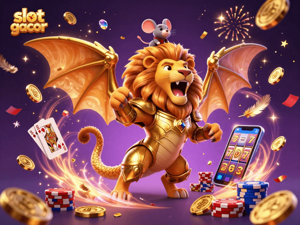 Experience the thrilling slot gacor world with a roaring chimera and a lucky mouse jockey amidst golden coins and jewels.