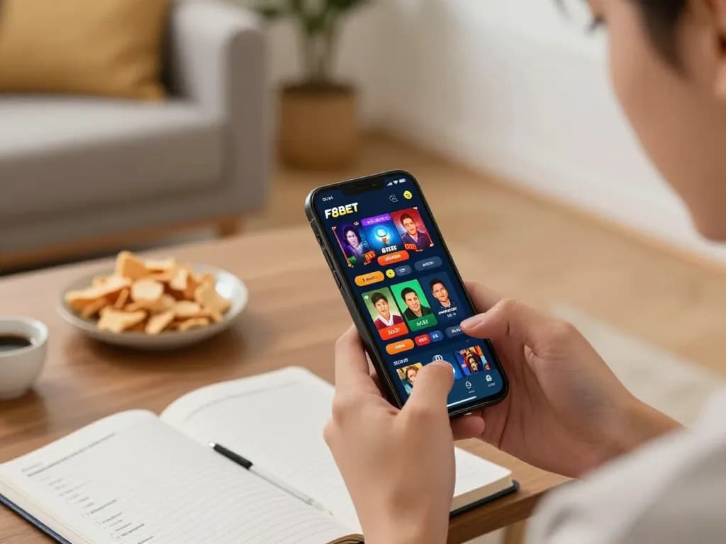 Engaging with F8BET app on smartphone during a comfortable home gaming session, showcasing vibrant online betting experience.