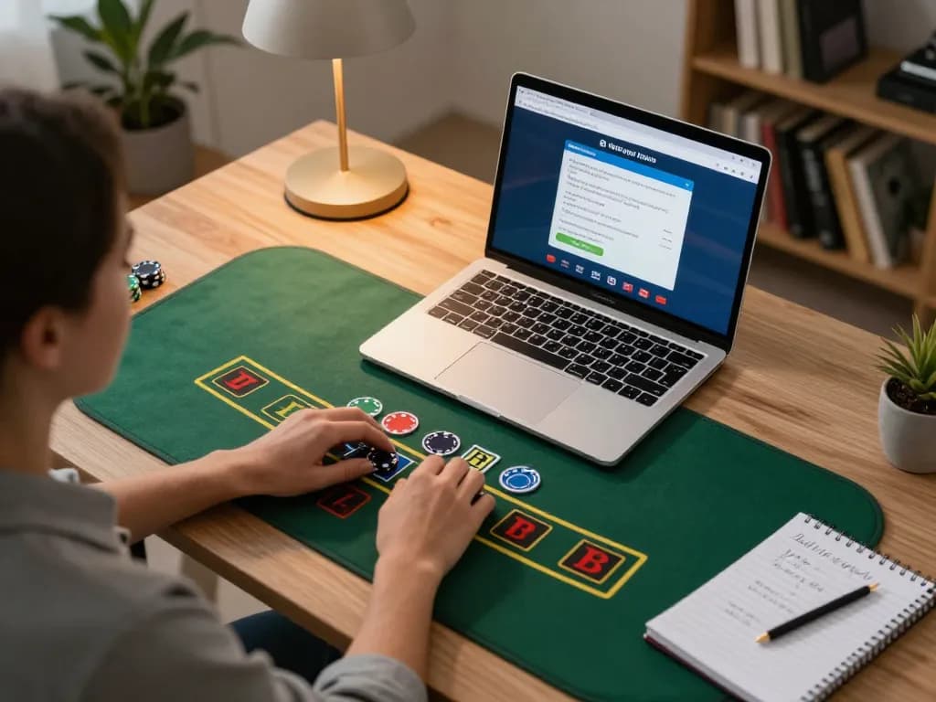 hubet player engaging in online blackjack with strategic notes in cozy home office