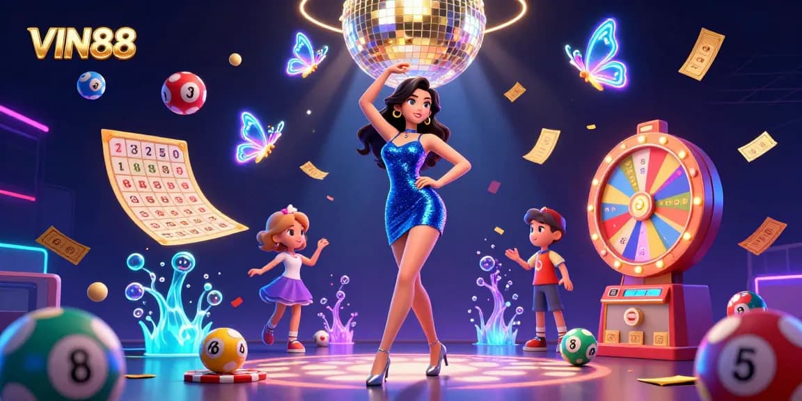 Experience thrilling gaming at VIN88 with a glamorous woman amidst vibrant casino elements.