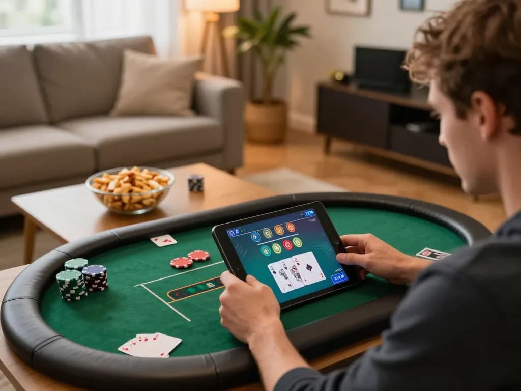 Player enjoying luckywin online gaming on tablet in cozy home setting with snacks.