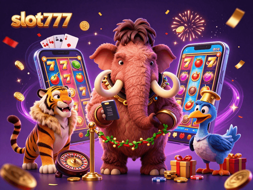 Experience excitement with slot777 while a mammoth bouncer checks IDs and vibrant slot games explode with winnings.