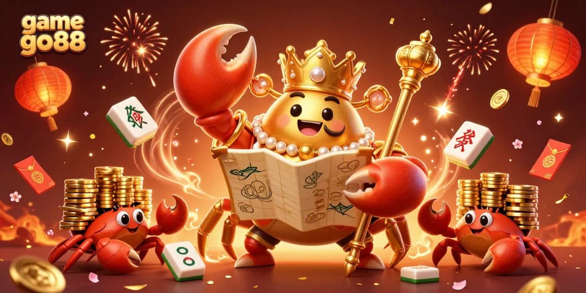 Engage in the thrilling game go88 with a majestic crab emperor surrounded by festive decorations and gaming symbols.