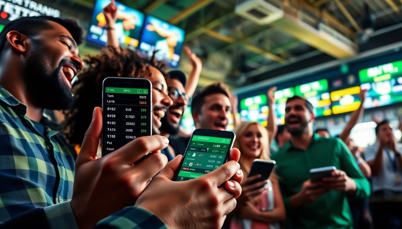 Captivating sports betting scene showcasing diverse individuals engaging with live betting odds.