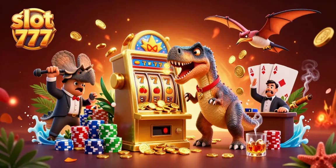 Menangkan hadiah besar dengan slot 777 pada mesin slot yang menampilkan dinosaur dan manajer kasino.