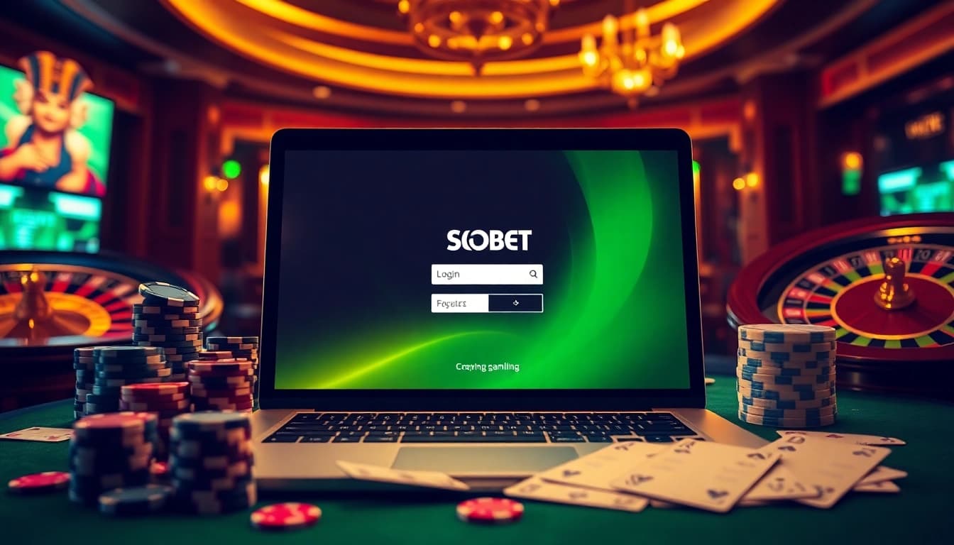 Engaging sbobet login indonesia interface with casino elements and vibrant atmosphere.