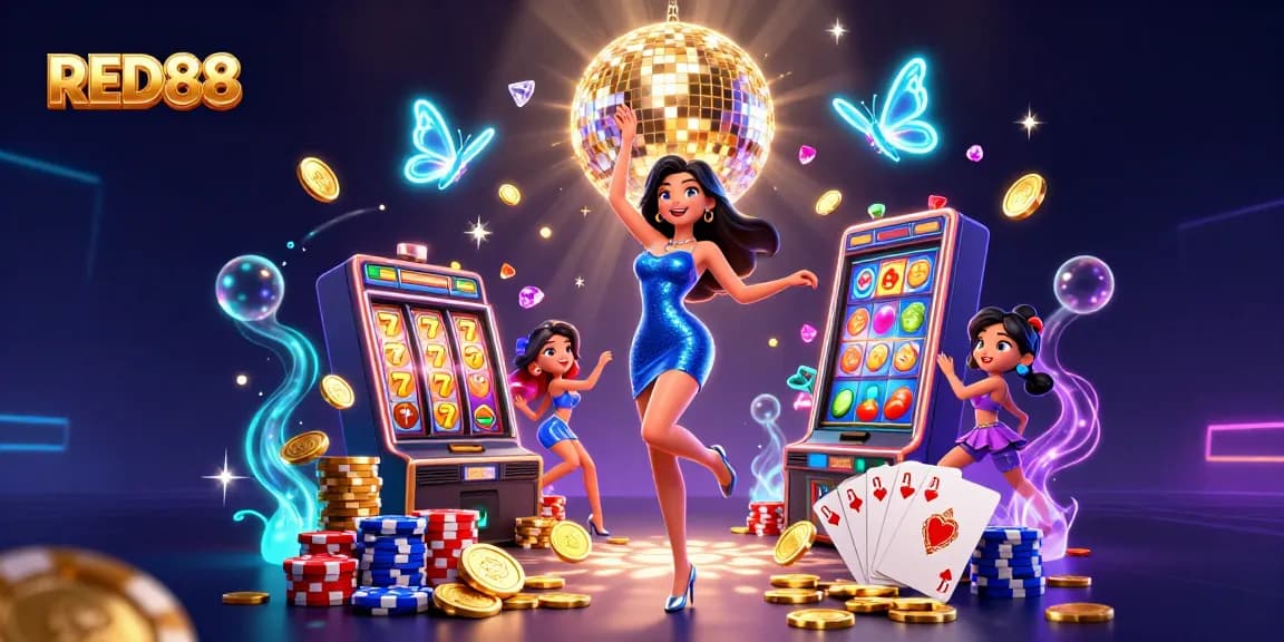Spin to win with RED88 in this vibrant 3D casino game illustration featuring flashy slot machines.