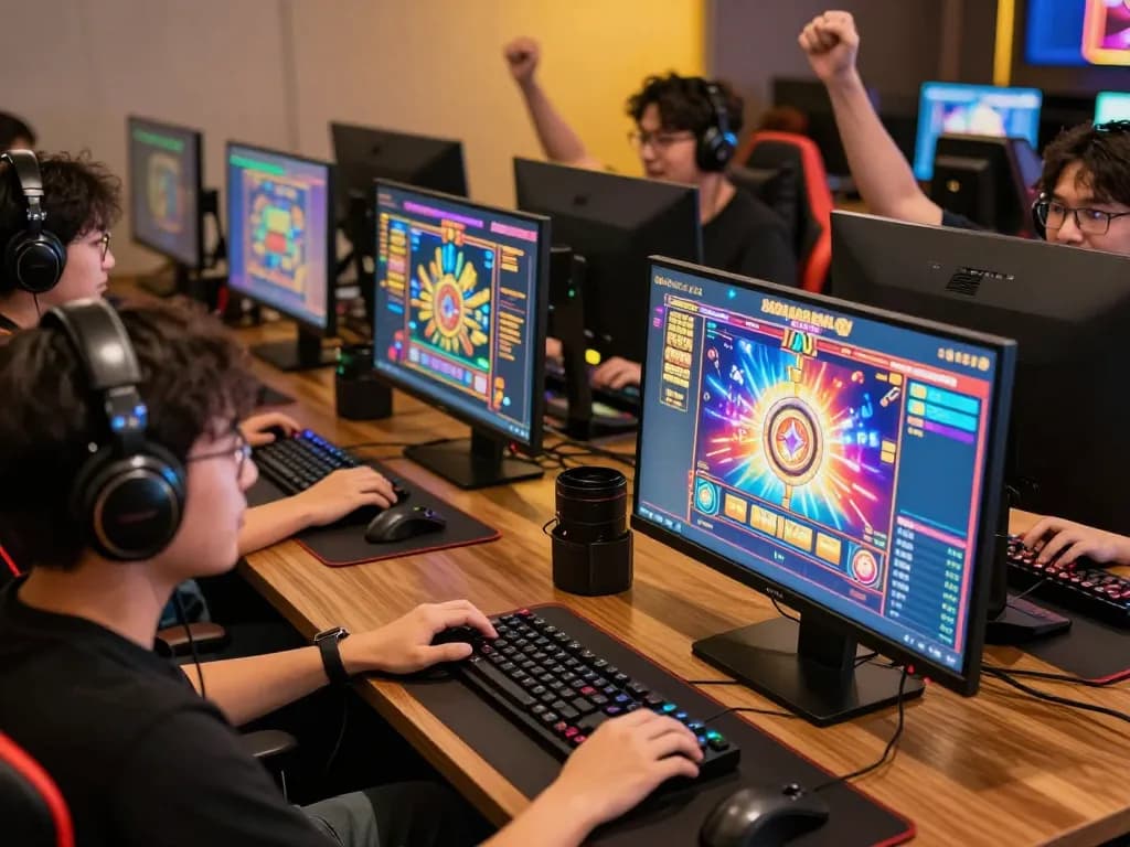 Pemain menikmati pengalaman situs slot gacor dengan tampilan permainan slot yang berwarna-warni dan suasana kompetitif.