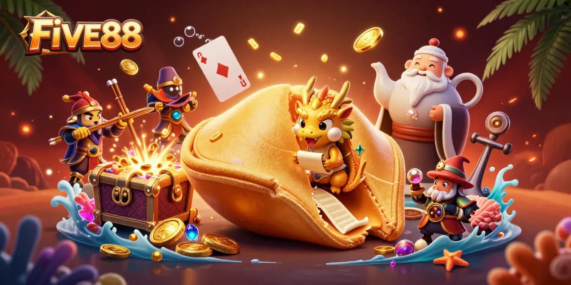 Experience the excitement of winning at FIVE88 with a vibrant 3D casino illustration showcasing dynamic gaming elements.