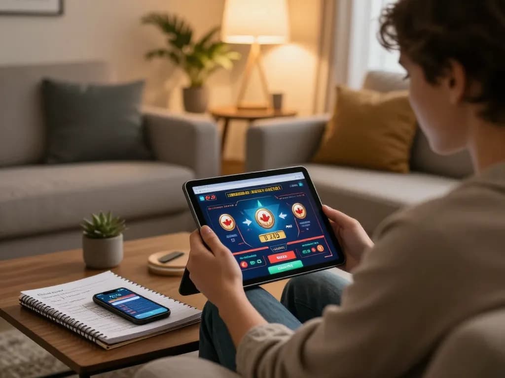 Engaging gameplay experience at online casinos in Canada with player using tablet for casino gaming.