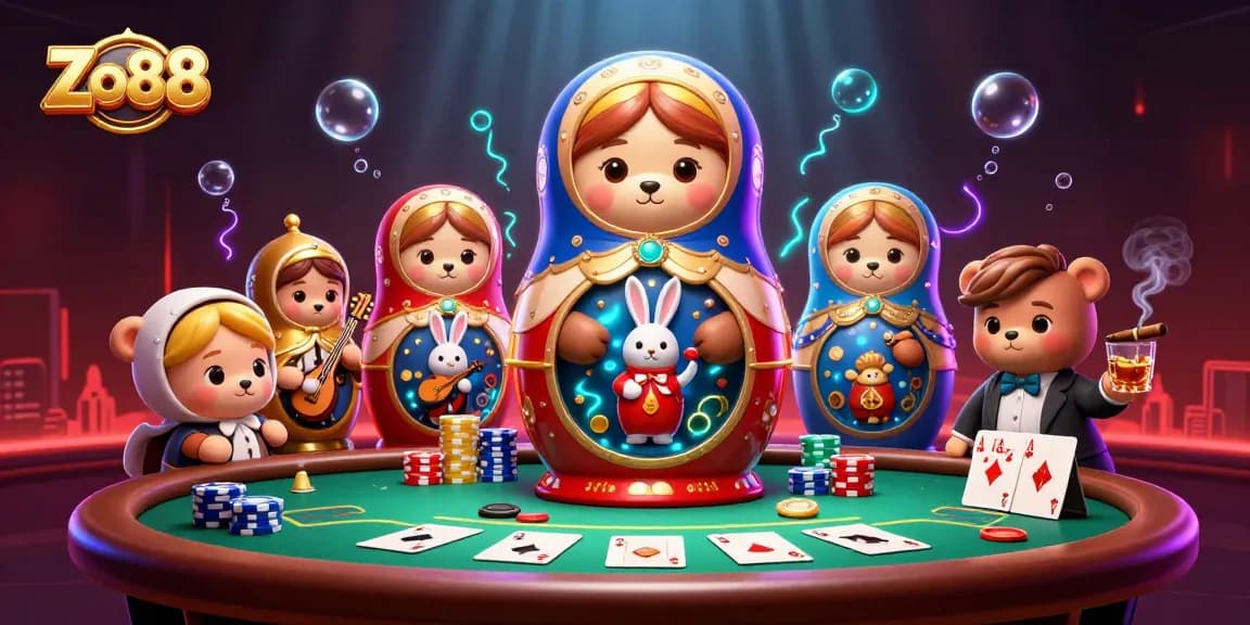 Engage with Zo88's exciting casino scene featuring bear dealers and vibrant poker elements.