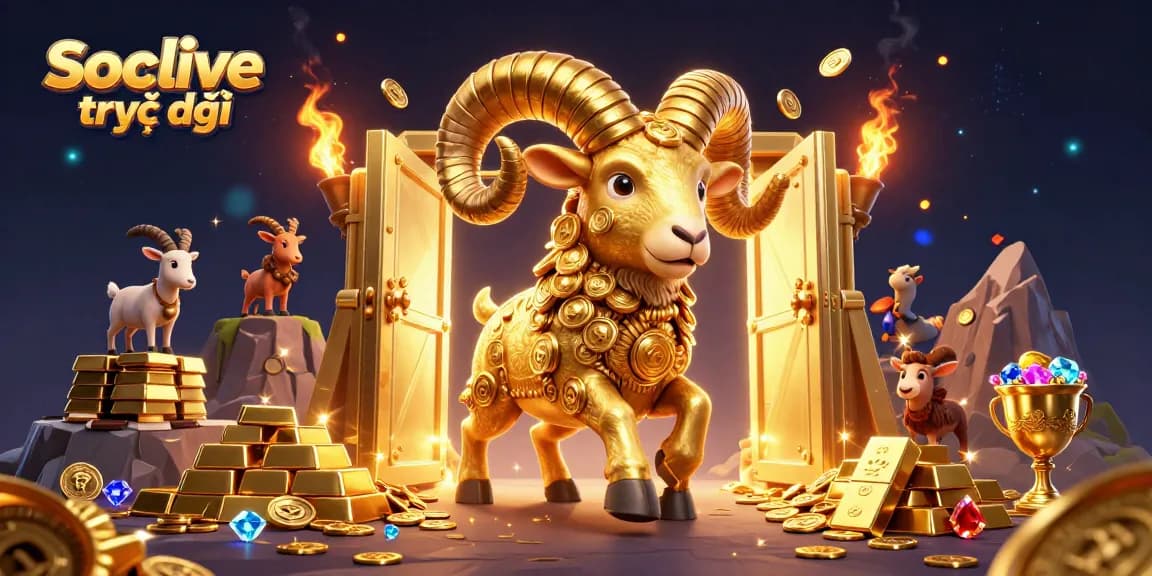 Socolive trực tiếp showcases an exciting casino atmosphere featuring a golden ram charging at treasures, perfect for thrill-seeking gamblers.