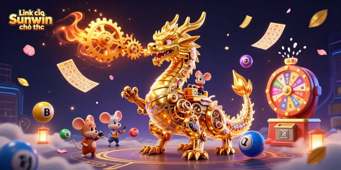 Win big with Link vào Sunwin chính thức featuring a dynamic 3D casino scene of colorful elements.
