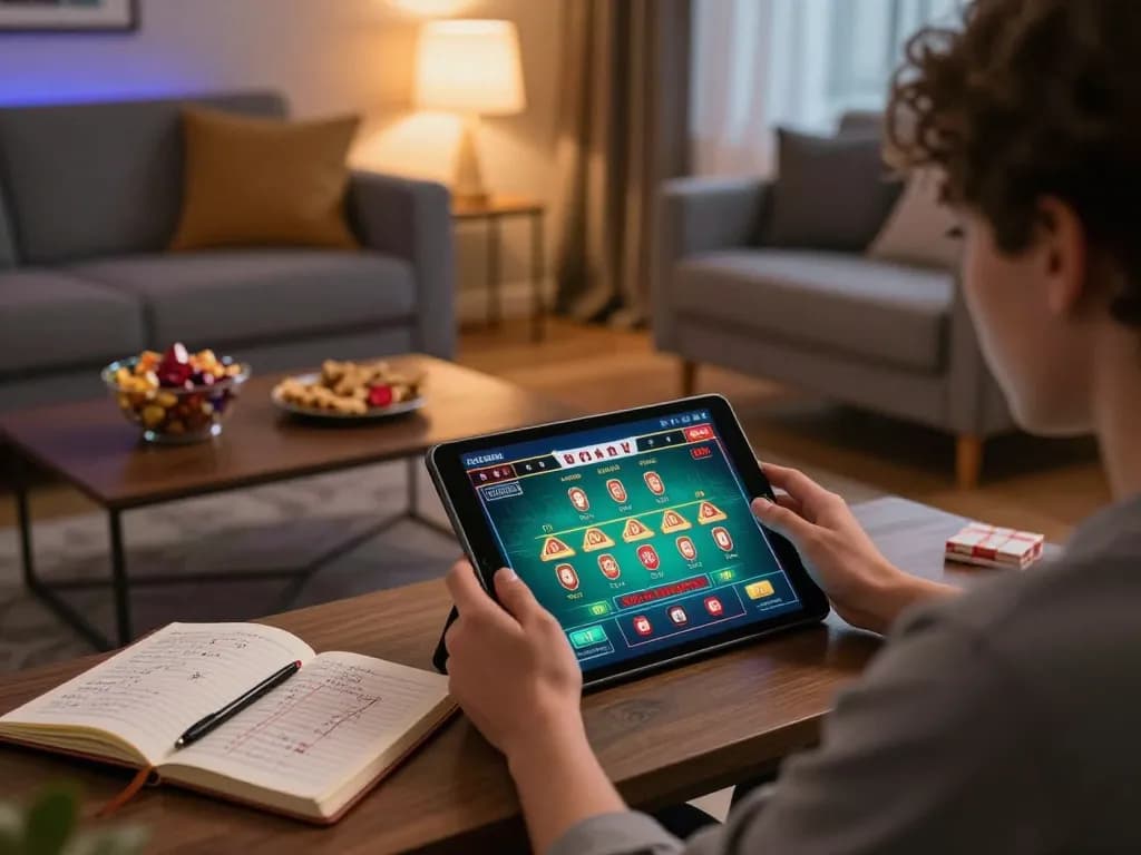 Engaging scene of a player using a tablet for casinos not on gamstop, showcasing strategy notes and warm home ambiance.