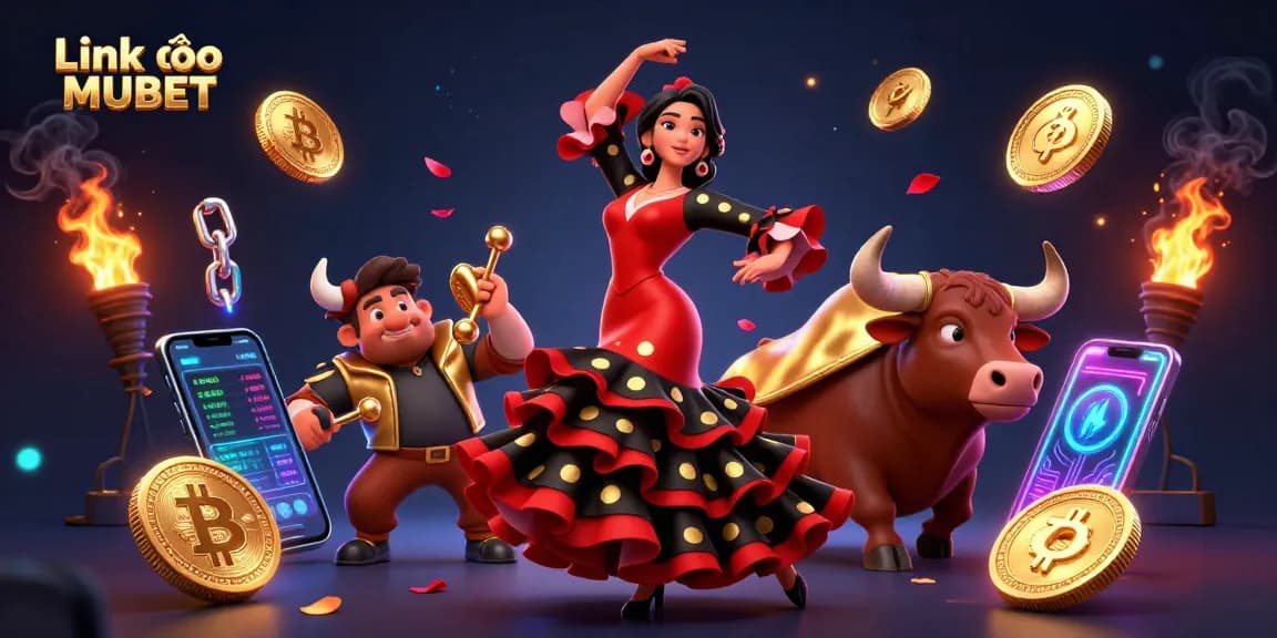 Engage with Link vào MUBET in a vibrant 3D illustration showcasing thrilling casino action and crypto excitement.