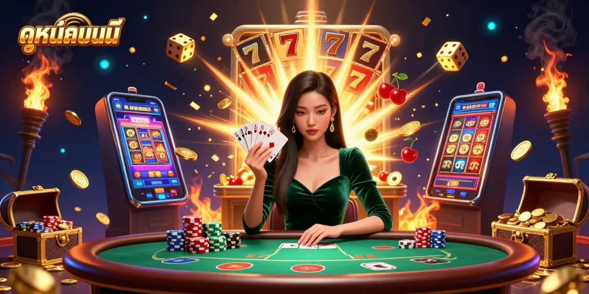 Engage with ดูหนังออนไลน์ as a beautiful Asian woman in a velvet dress plays poker at a luxury table.