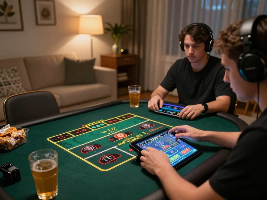 Player engaged in ทางเข้า m117 online gambling on tablet, showcasing virtual casino atmosphere and comfortable home setting