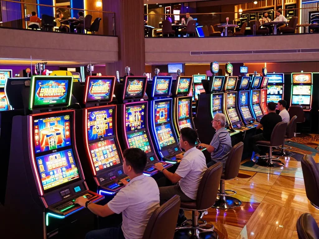 Pemain yang terlibat di mesin slot yang berwarna-warni, menampilkan keseruan permainan slot di kasino modern