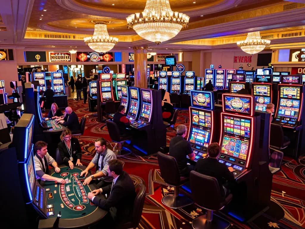 Engaged players explore the casinosscope in a lively Las Vegas casino, featuring diverse game tables and vibrant slot machines.