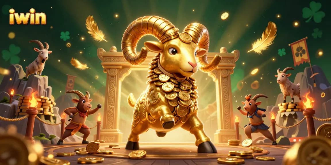 Experience the excitement of iwin with a dynamic illustration of a golden ram charging at the gates of fortune.
