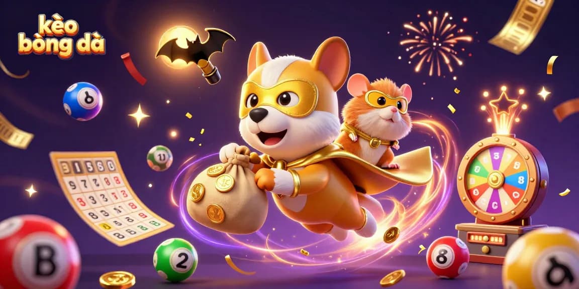 Experience thrilling kèo bóng đá action with our superhero dog and sidekick amidst colorful casino elements.