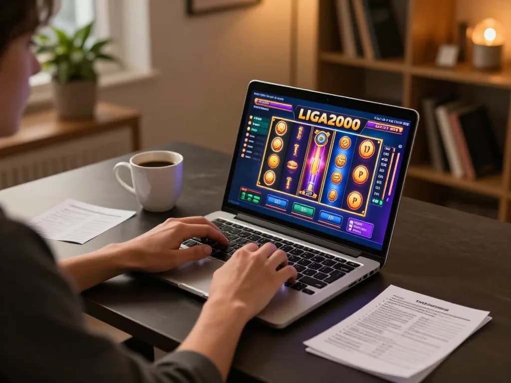 LIGA2000 online gaming experience with vibrant slots on a laptop, cozy home setup