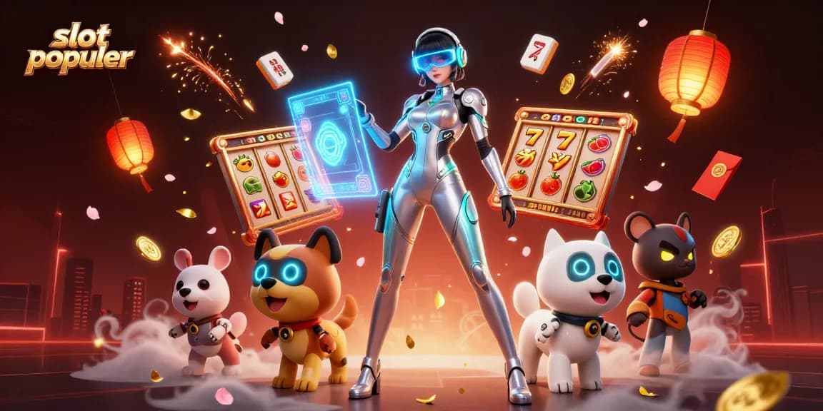 Experience the excitement of slot populer with a dynamic 3D illustration of a futuristic female character and a robot dog.