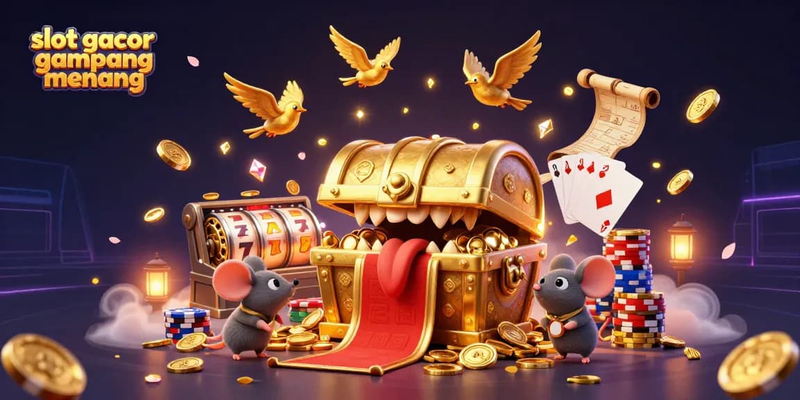Winning at slot gacor gampang menang with animated treasure chests and flying coins.