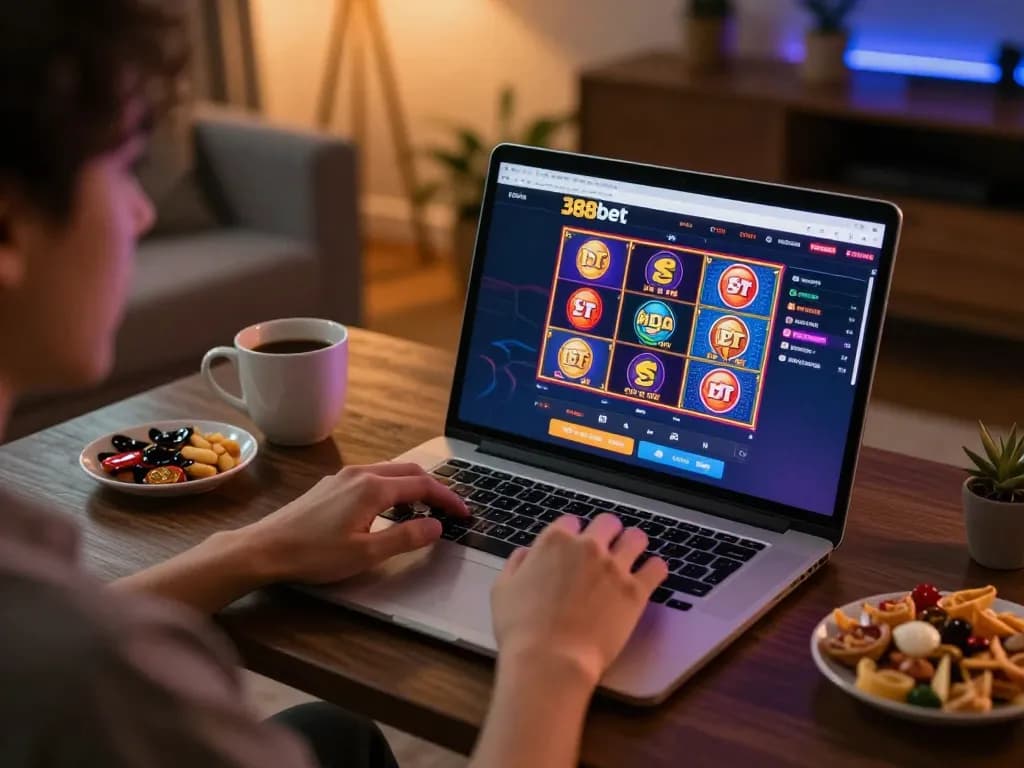 Engaged player enjoying 388bet online slots in a cozy home environment with snacks and warm lighting