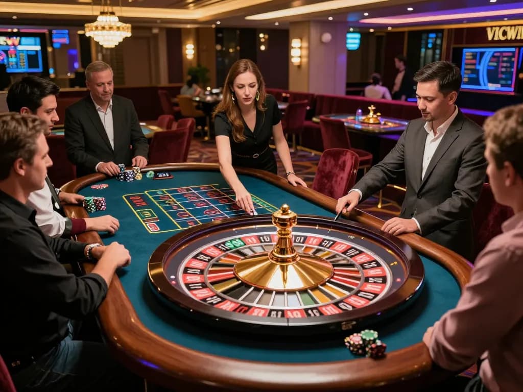Vicwin players engaging in a thrilling roulette game at an upscale casino, with vibrant atmosphere and anticipation.