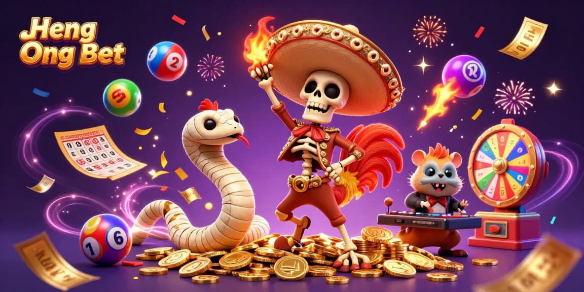 Heng Ong Bet features a festive 3D casino illustration with characters celebrating wins amid lively gambling elements.