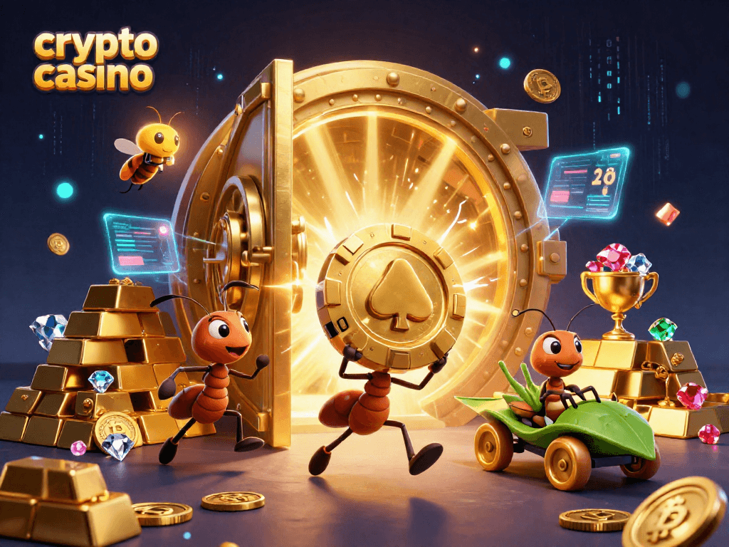 Engaging scene of a crypto casino heist featuring ants carrying a giant poker chip.