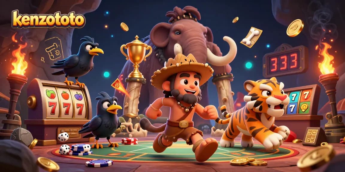Kenzototo's thrilling casino scene showcases a dynamic 3D caveman and saber-tooth tiger duo playing lottery games.