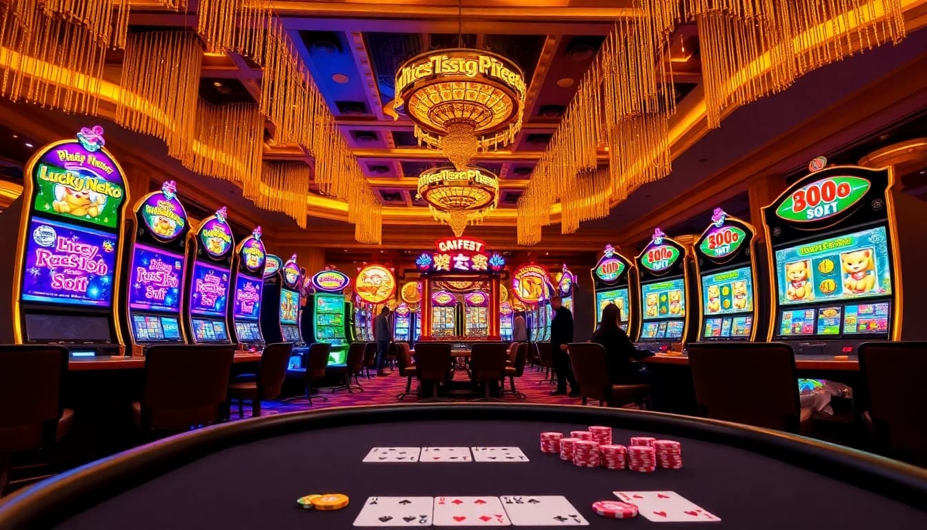Players enjoying the Lucky Neko PG Soft ค่ายดัง at a vibrant casino slot machine.