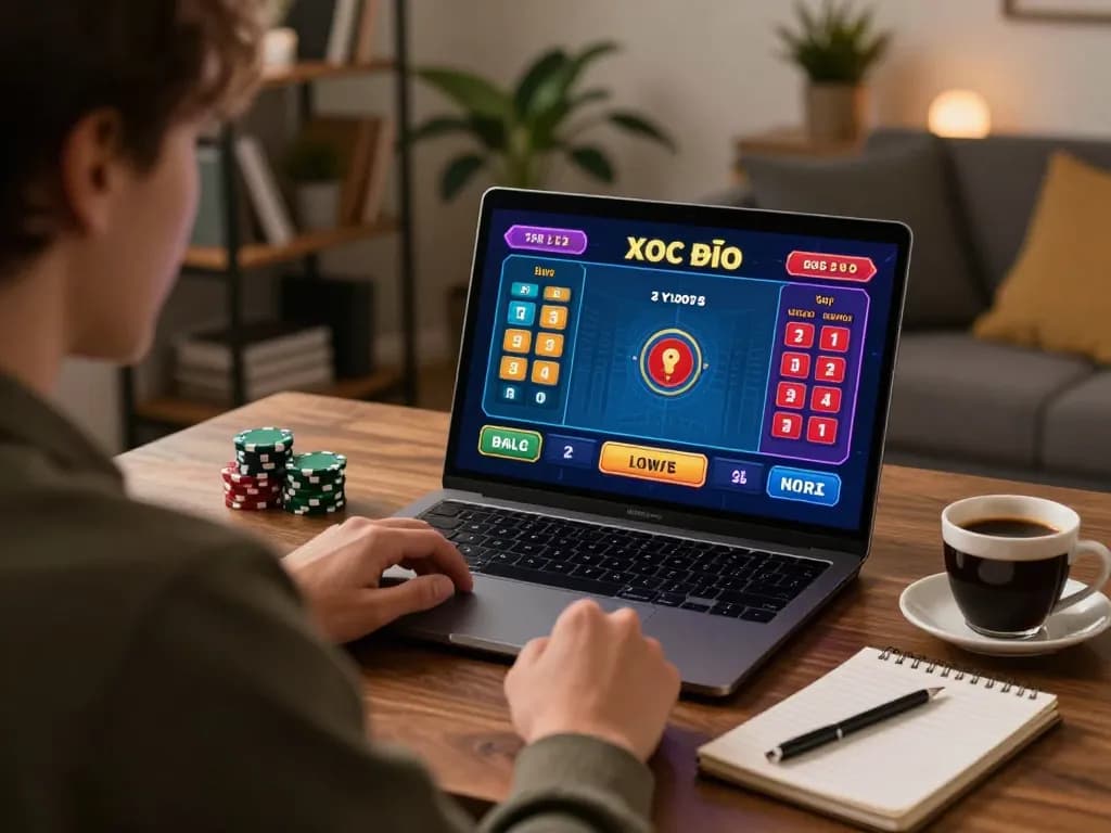 Xóc đĩa online gameplay on a laptop in a cozy home, with player engaging strategically.